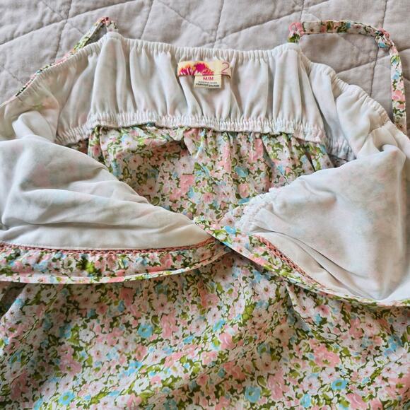 Forever 21 Y2K Babydoll Top Juniors M Dainty Pastel Floral Print Crochet Accent - Picture 8 of 11